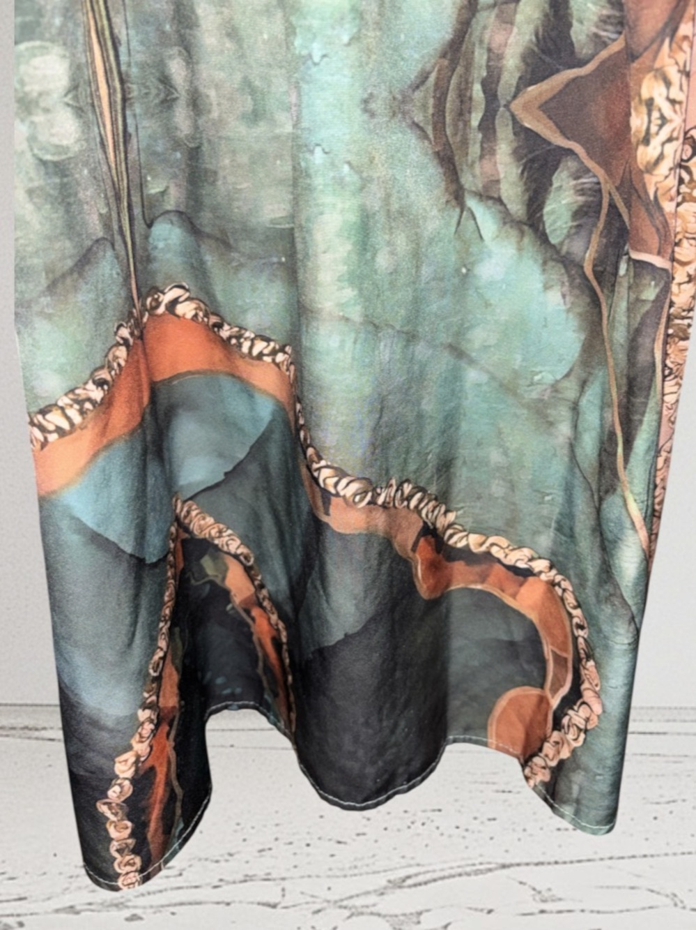 Open-Shoulder Printed Halter Dress in Teal/Peach, P2P:21”, L:37” - Picture 4 of 10